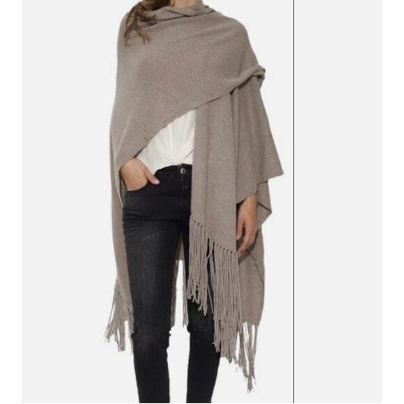 360 Cashmere Shawl Taupe Fringe Trim Open Sides And Front 100% Cashmere One Size